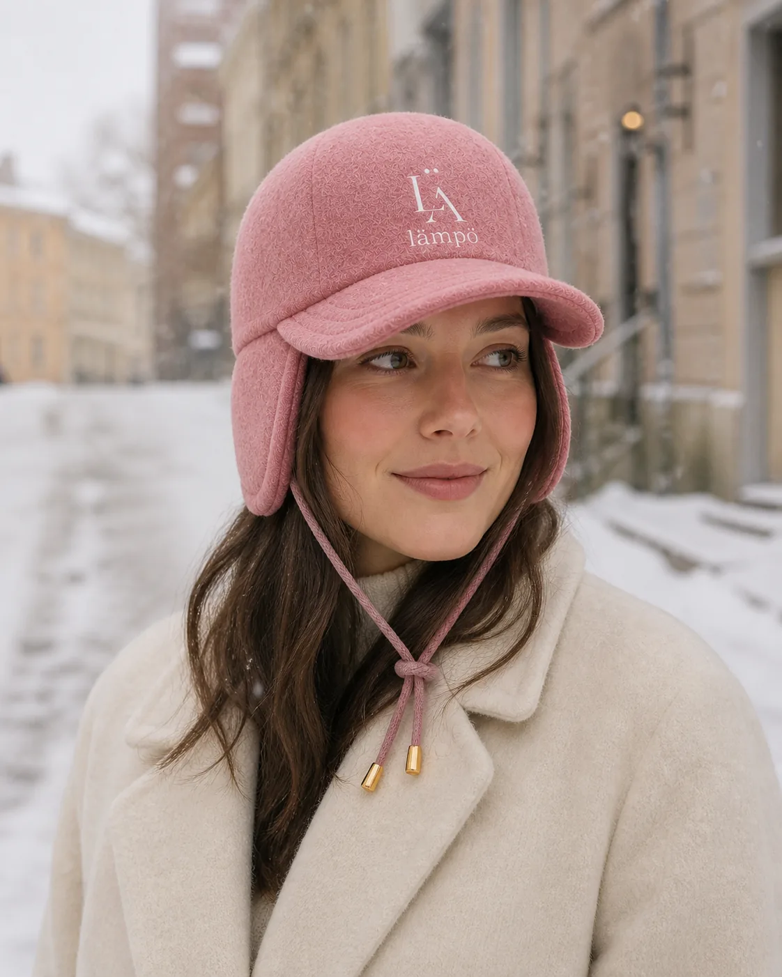 雪の積もった街路で、ローズピンクのイヤーフラップキャップをかぶった女性
